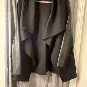 SPANX Black Draped Open-Front Trench Coat with Faux Leather Sleeves